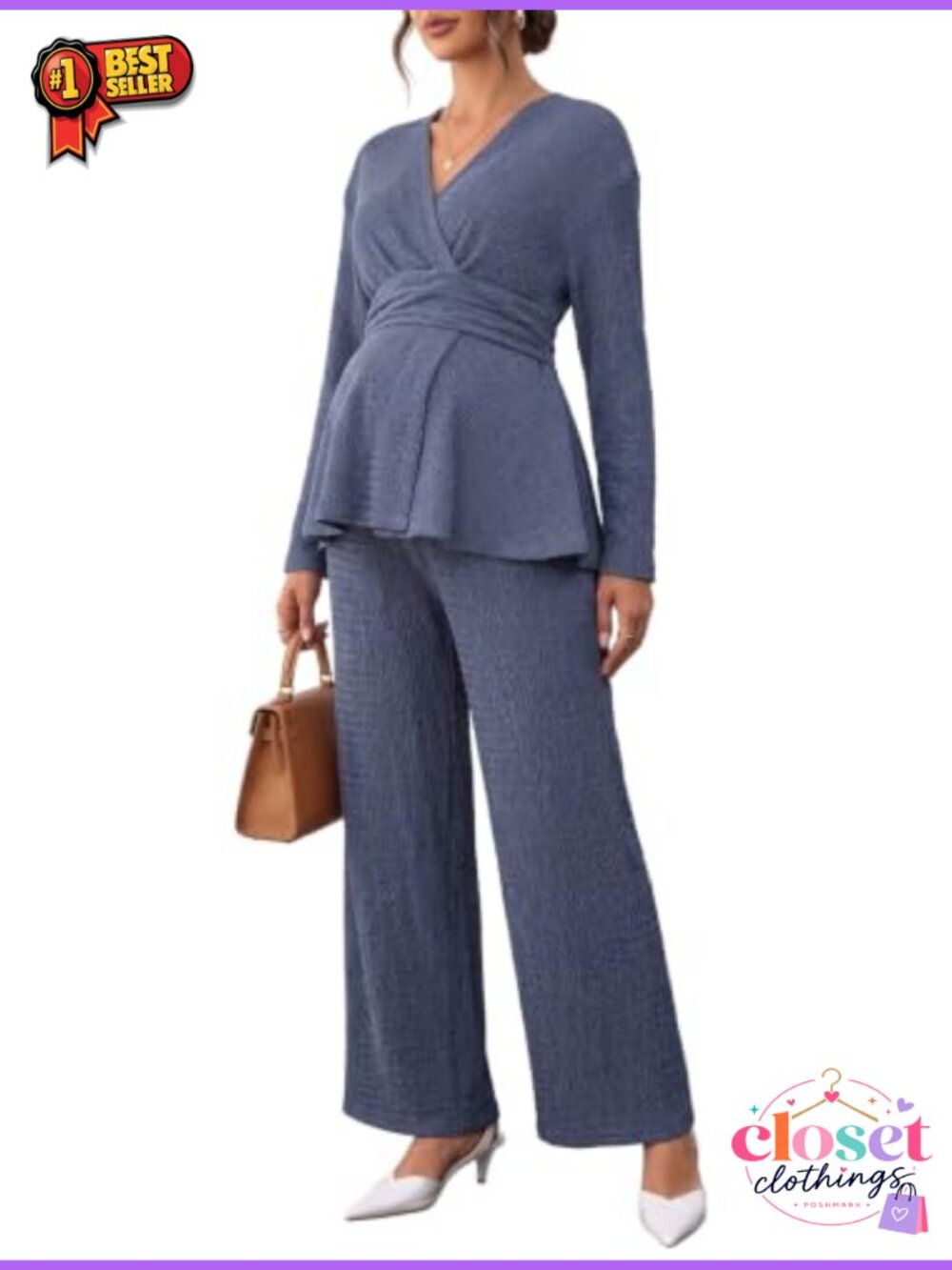 Maternity 2 Piece Outfit Wrap V Neck Long Sleeve Top & Pants Set